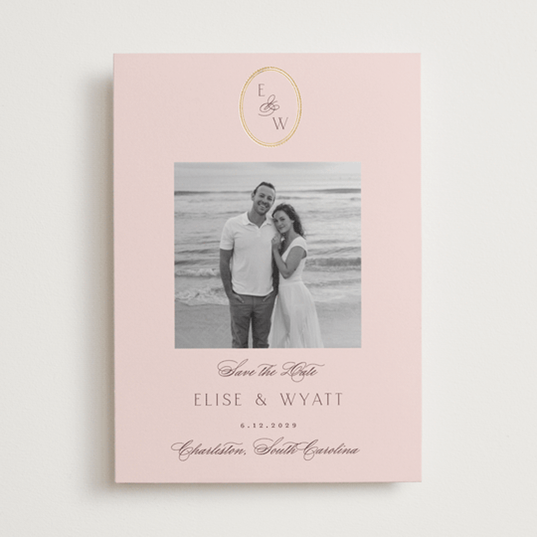 "Scallop Monogram" - Save the Dates in Rose Quartz by Emily Betts - Front