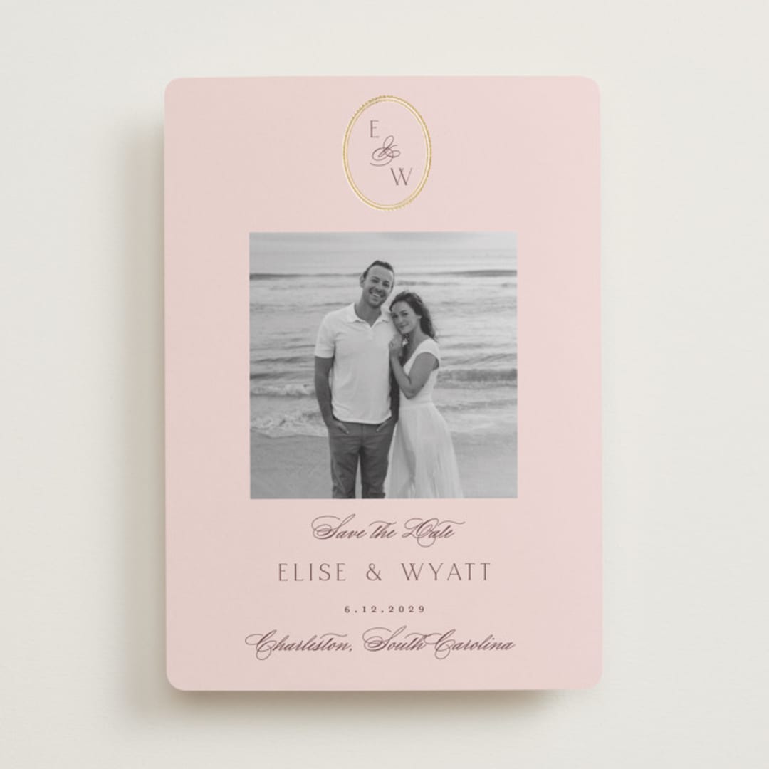 "Scallop Monogram" - Save the Dates in Rose Quartz by Emily Betts - Front