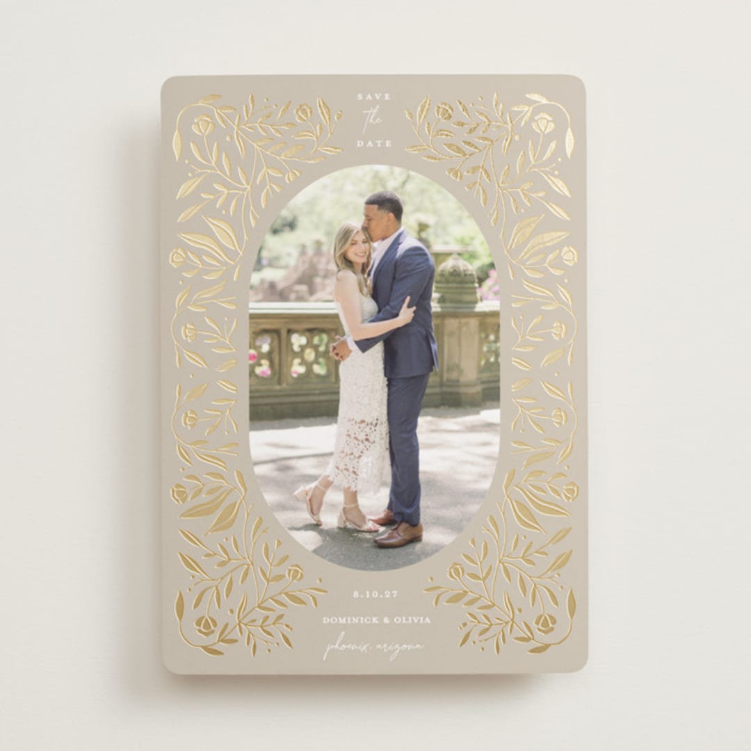 "Golden Botanical Frame" - Save the Dates in Biscotti by Susan Zinader - Front