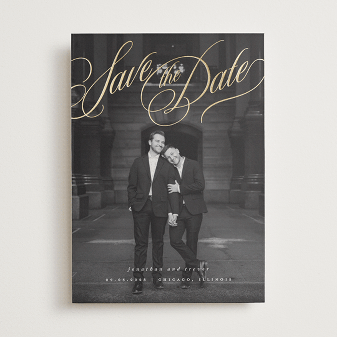 "Formal Script" - Save the Dates in Powder by Stacy Maalouf - Front