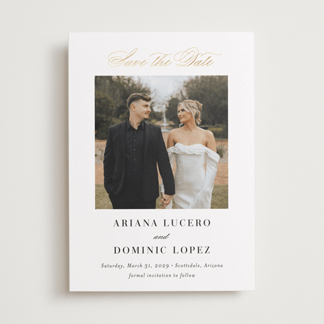 "Gilded Ampersand" - Save the Dates in Cotton by Jennifer Postorino - Front