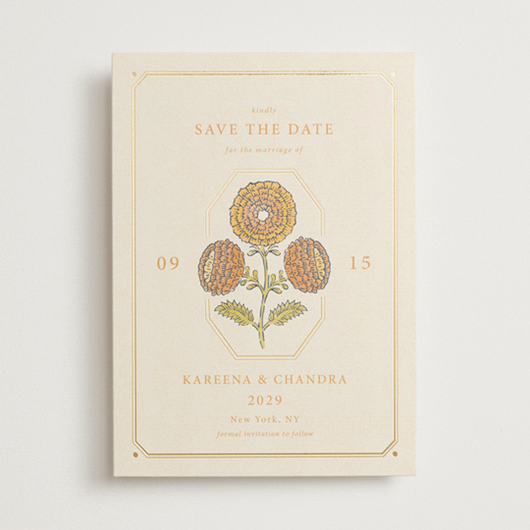 "Marigold" - Save the Dates in Ochre by Hannah Bowman - Front