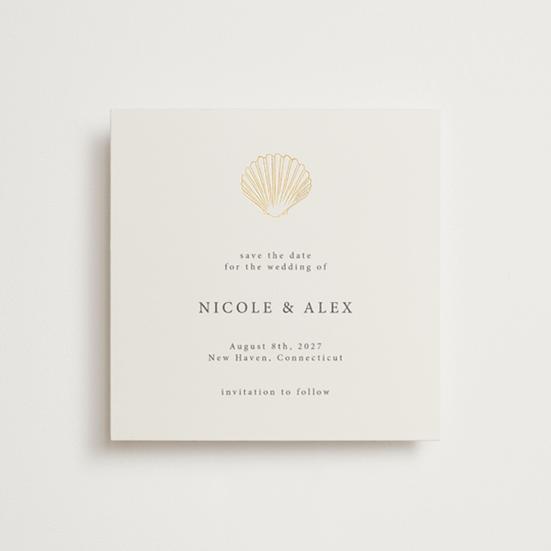 "Simple Seashell" - Save the Dates in Sand by Hannah Bowman - Front