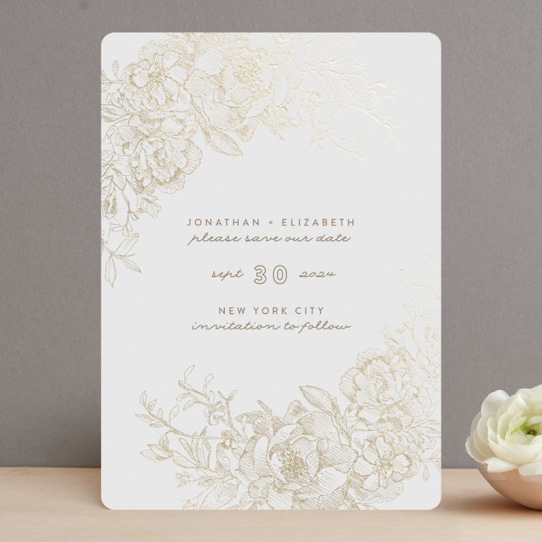 "Engraved Flowers" - Save the Dates in Latte by Phrosné Barwood - Front
