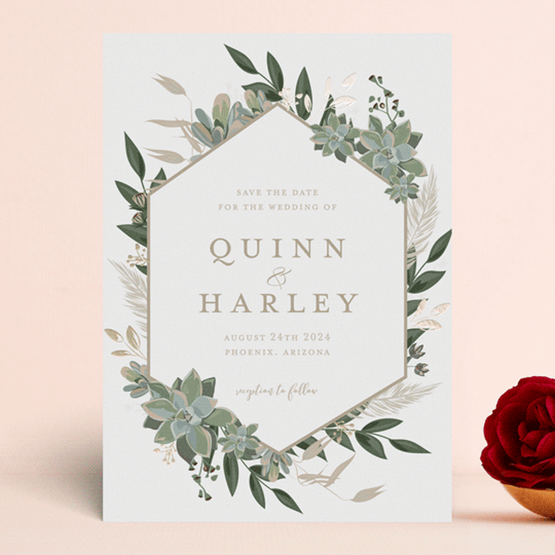 "Succulent Surround" - Save the Dates in Powder by Susan Moyal - Front