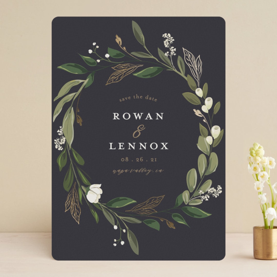 "Greenery Crown" - Save the Dates in Navy by Susan Moyal - Front