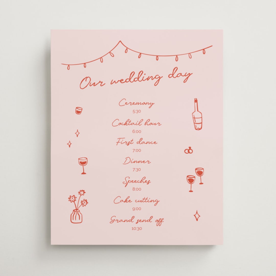 "Party On!" - Schedule Signs in Sangria Spark by Zove Ahhh - Front