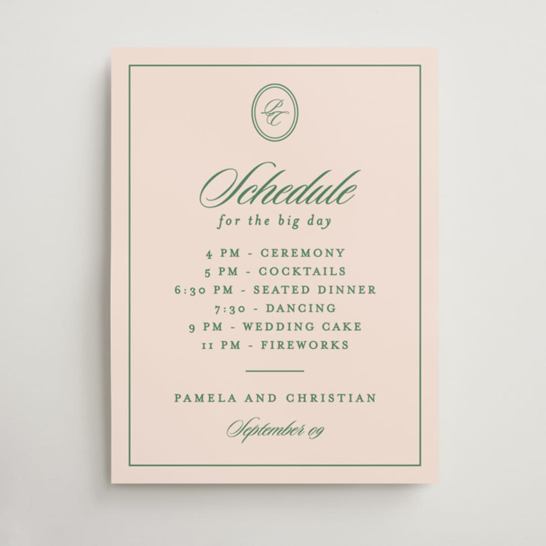 "Scripted" - Schedule Signs in Emerald by Creo Study - Front