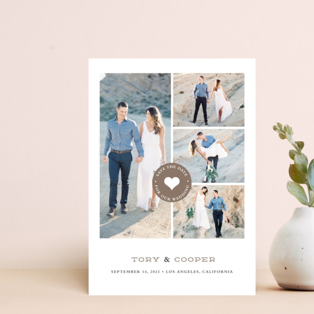 "Stamped Heart" - Save the Dates in Mocha by Stacey Meacham - Front
