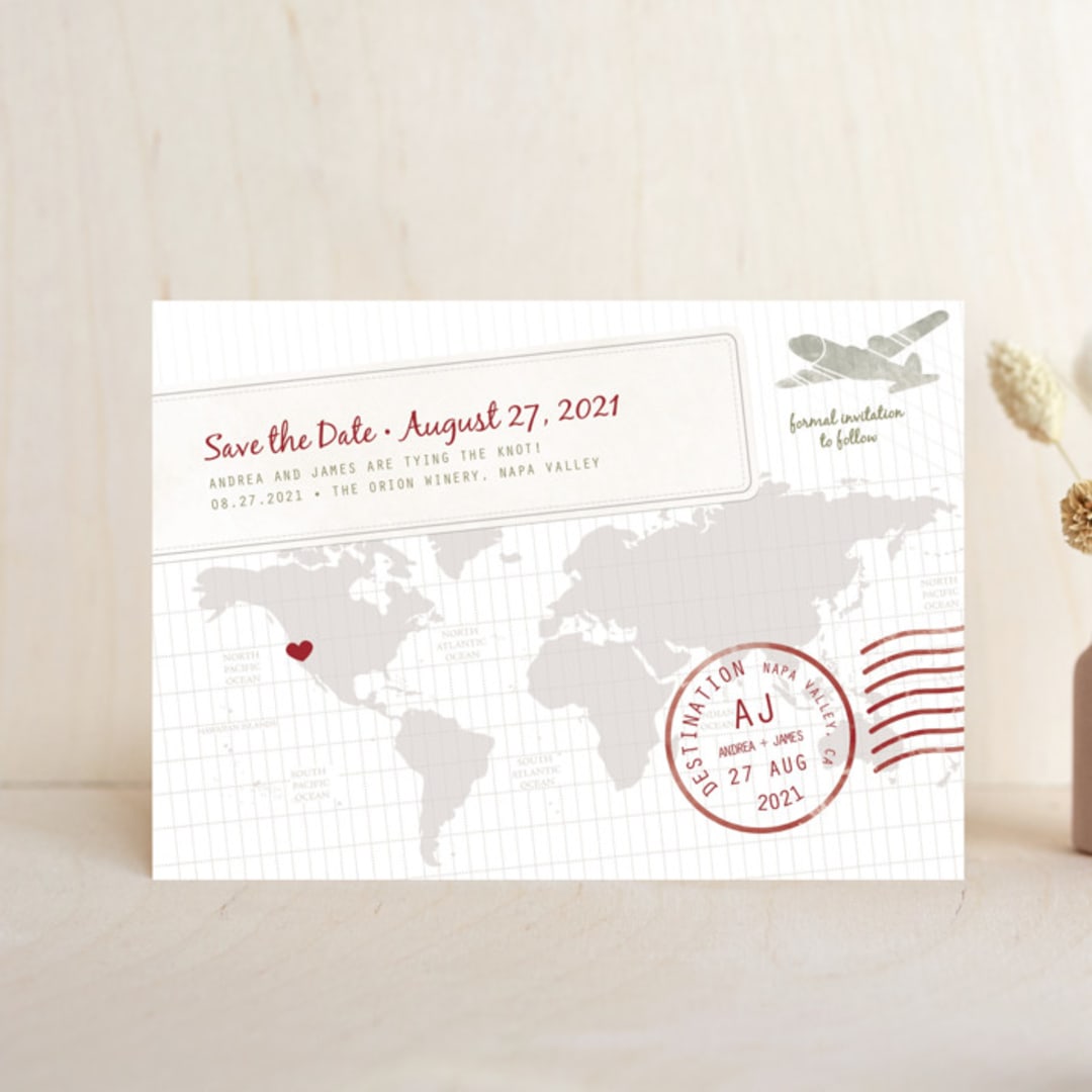 "A Faraway Destination" - Save the Dates in Cranberry by bumble ink - Front
