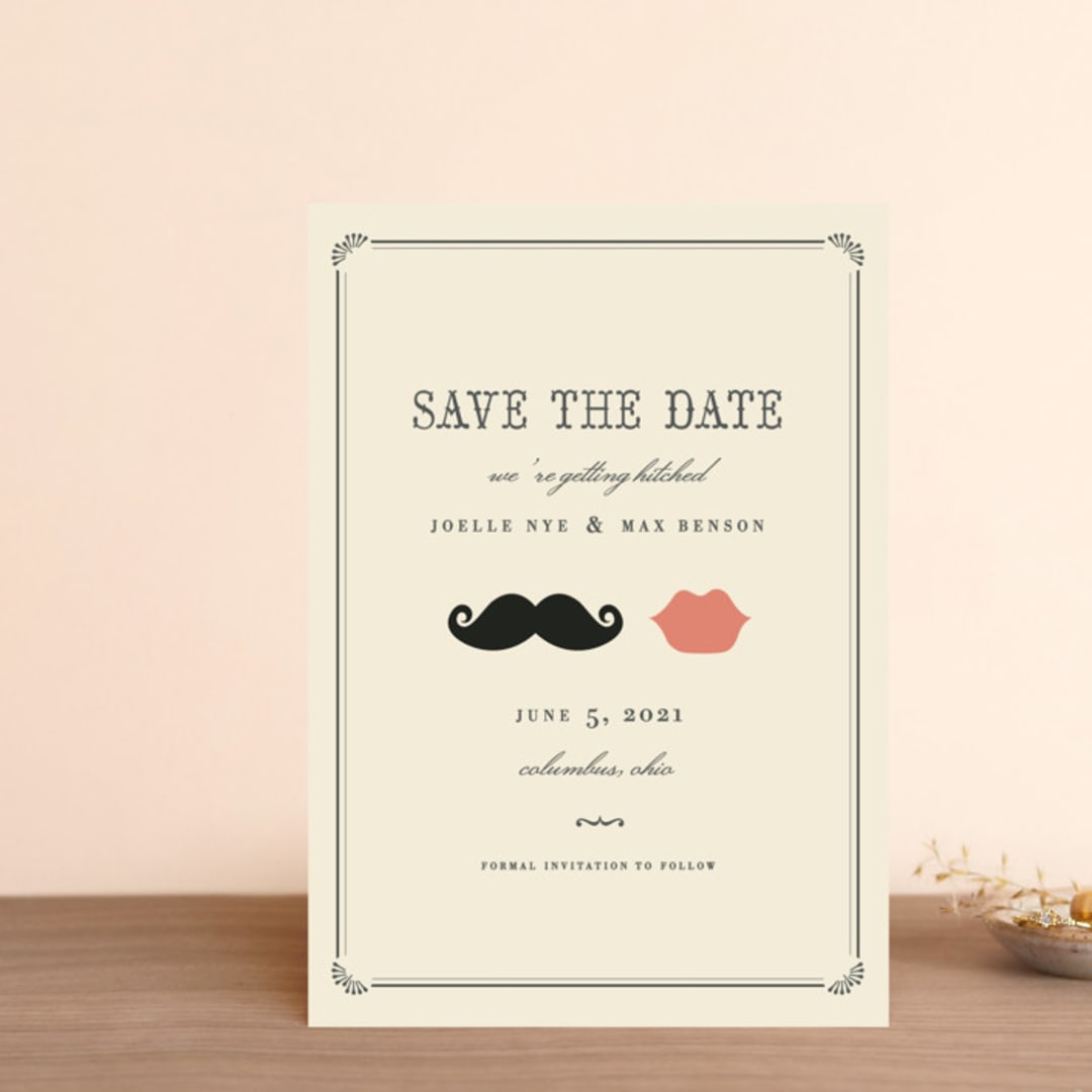 "Stache + Kiss" - Save the Dates in Crème by Penelope Poppy - Front
