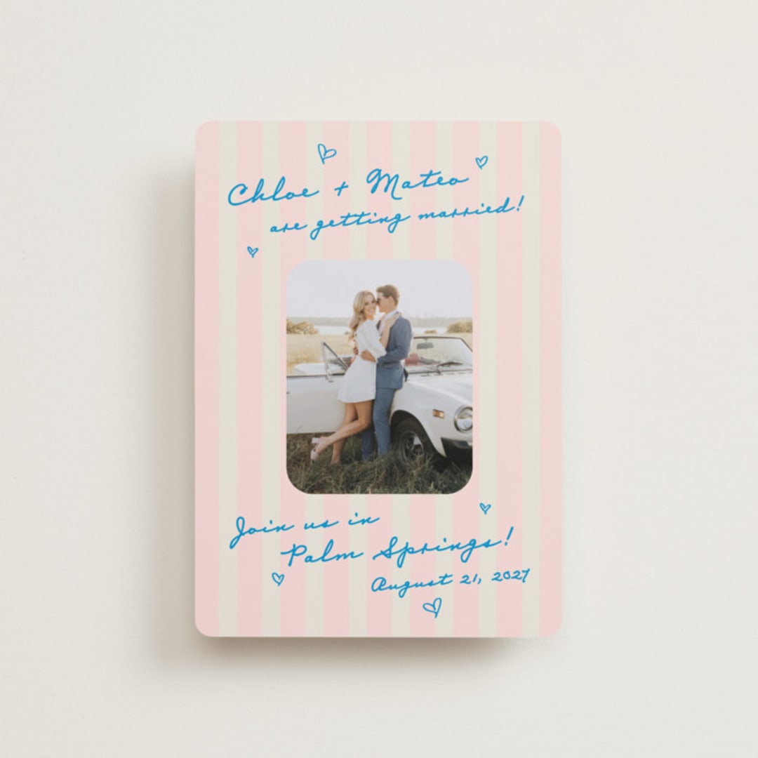 "The Right Stripes" - Save the Dates in Pink Grapefruit by Jackie Crawford - Front