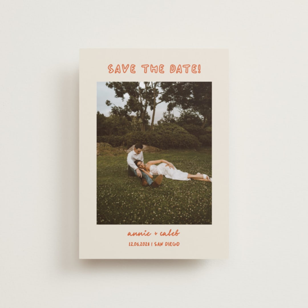 "Modern Outline" - Save the Dates in Hibiscus by Stephanie Heinrich Godbout - Front