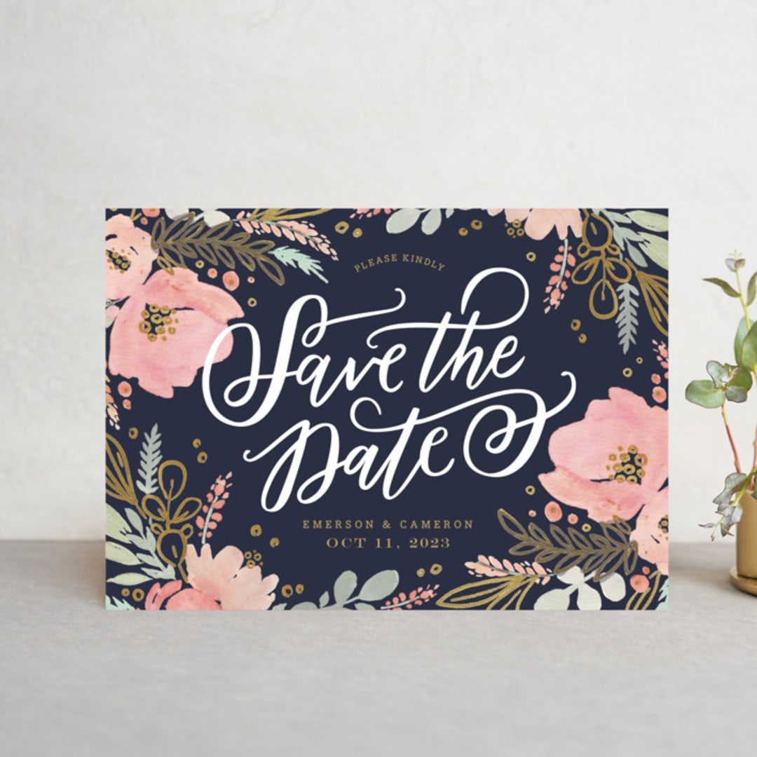 "Floral Vignette" - Save the Dates in Midnight by Kristen Smith - Front