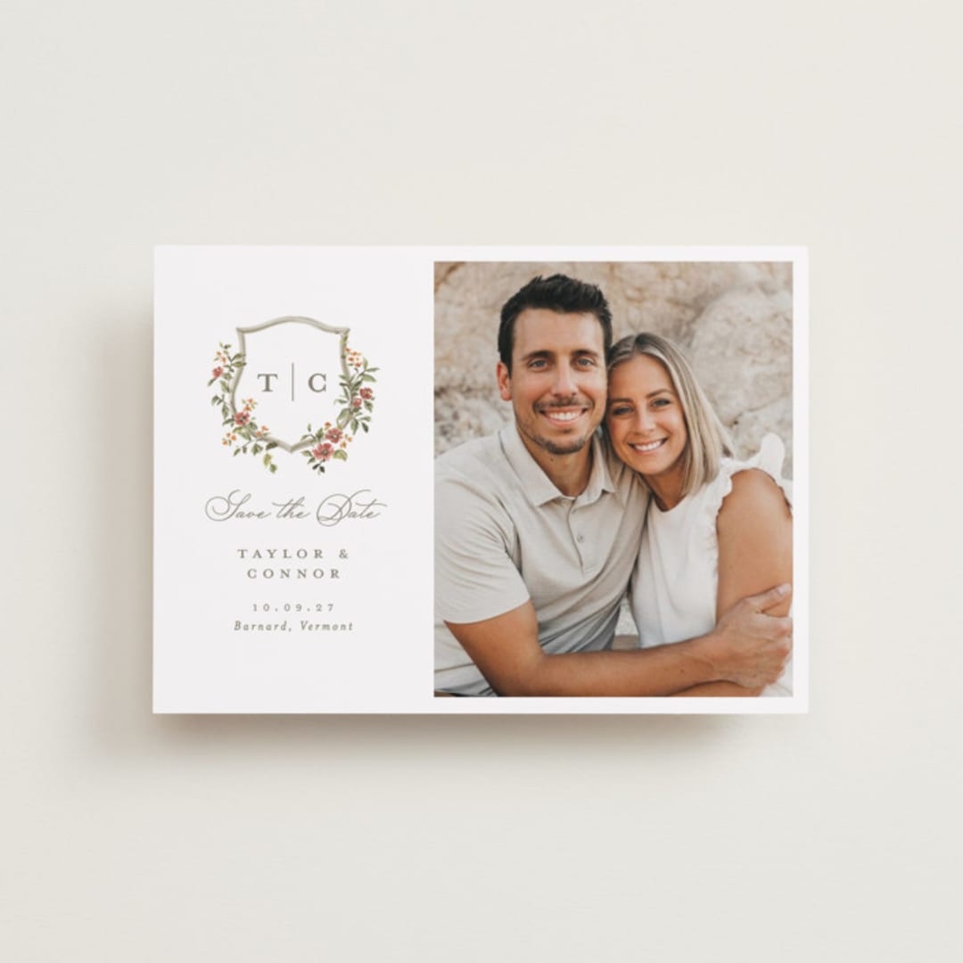 "Foliage Crest" - Save the Dates in Mulberry by Everett Paper Goods - Front