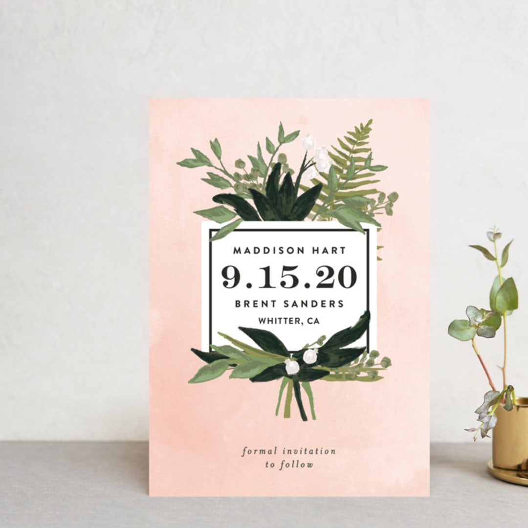 "Botanical Name Plate" - Save the Dates in Blush by Shiny Penny Studio - Front