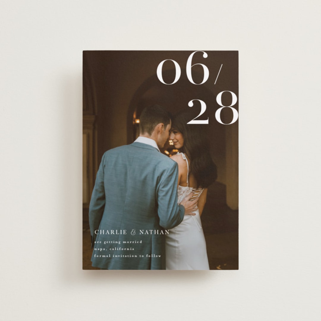 "Our Big Date" - Save the Dates in Pearl by Shannon Chen of Four Wet Feet Studio - Front