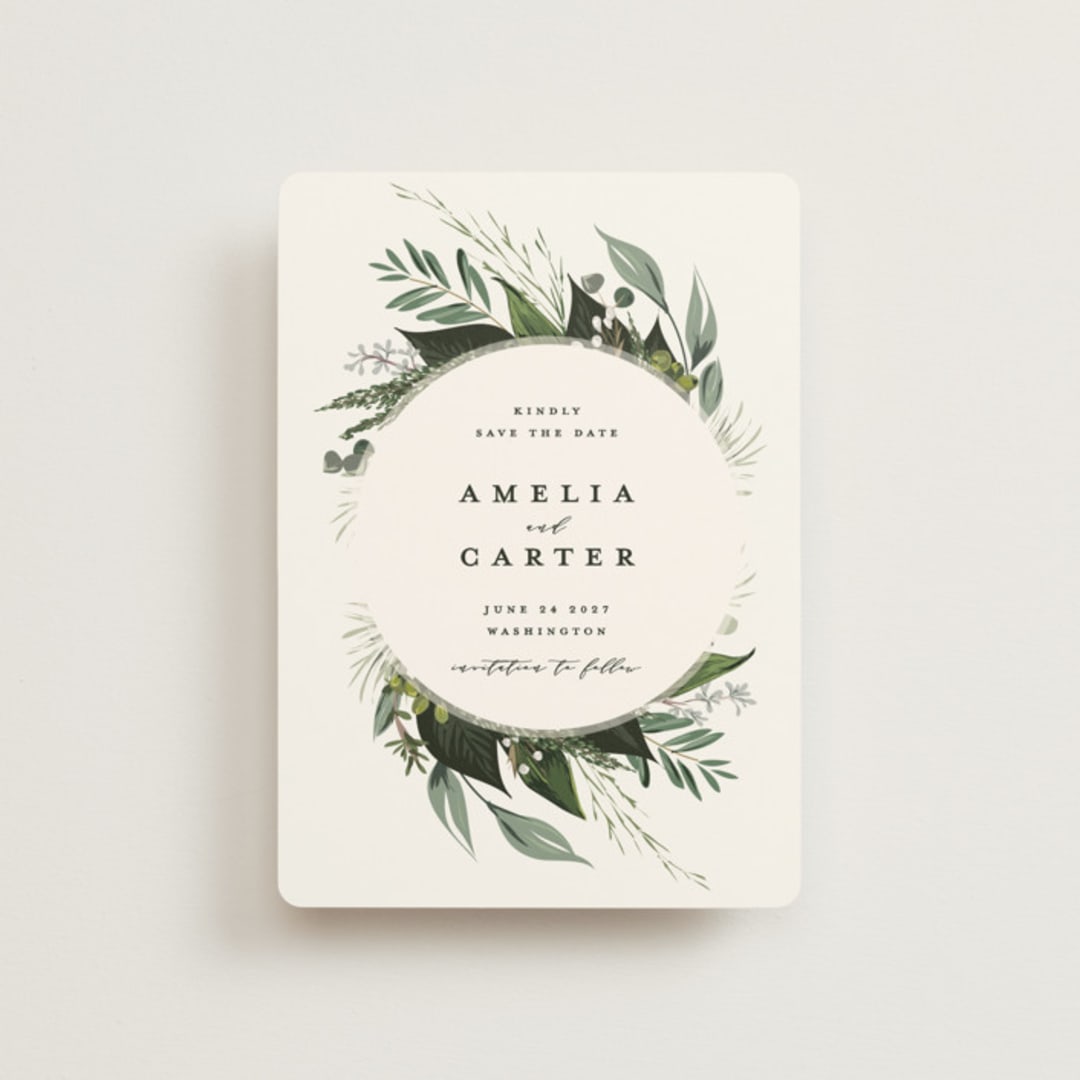 "Natures Greens" - Save the Dates in Ivory by Susan Moyal - Front
