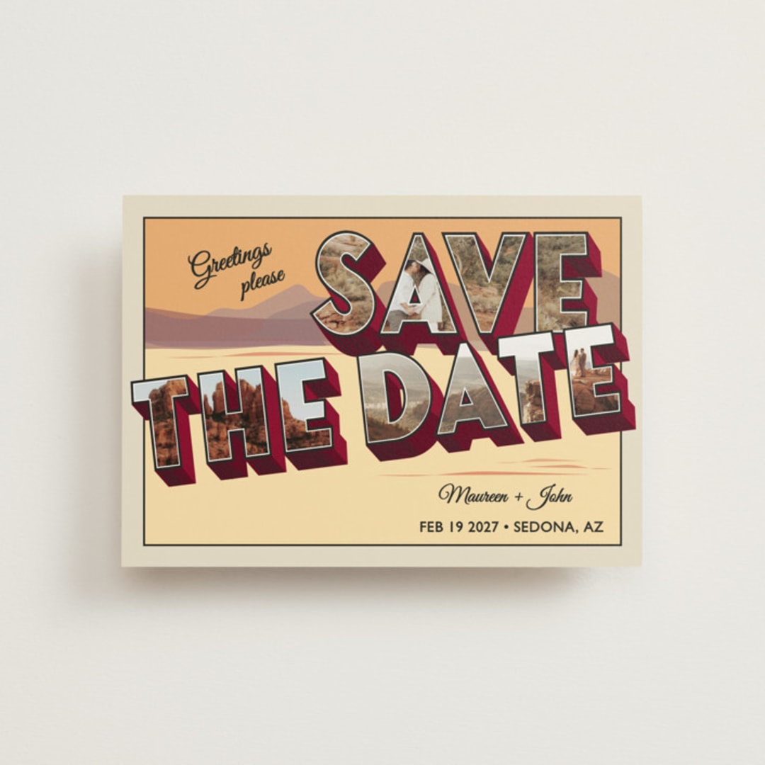 "A Retro Save the Date" - Save the Dates in Sunset by Ashley Bird - Front