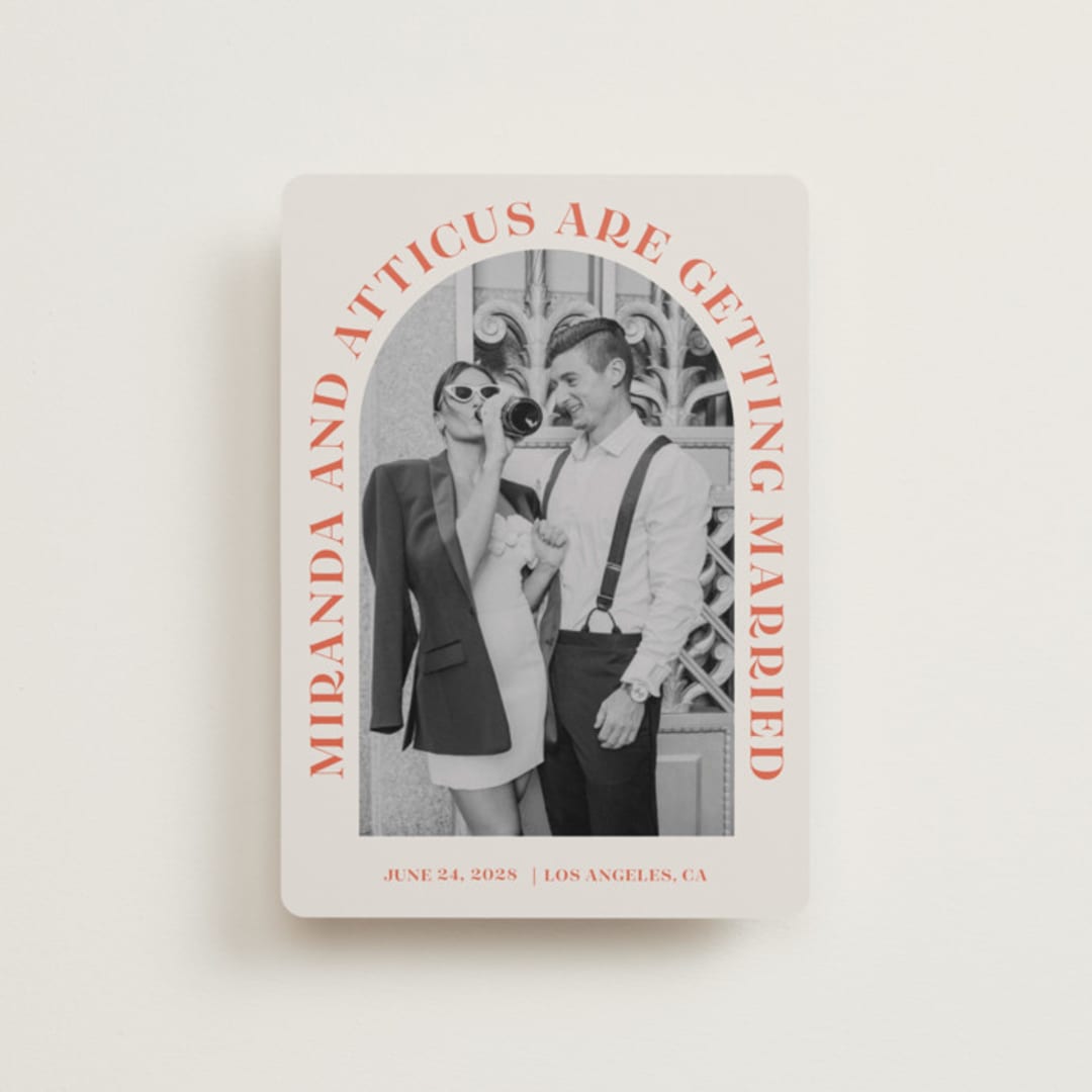 "Surrounding" - Save the Dates in Persimmon by Sarah Cohn - Front