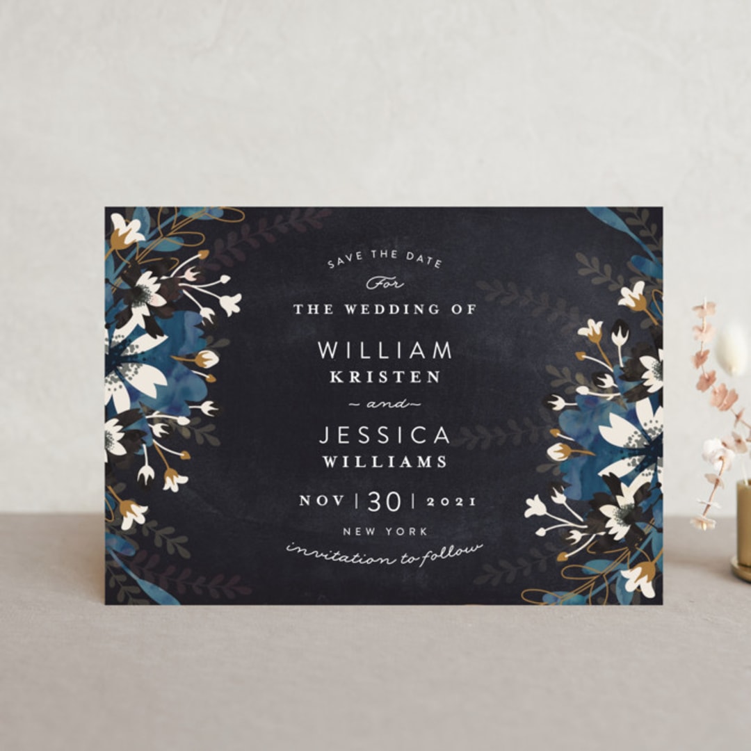 "Enchanting Plum" - Save the Dates in Navy by Phrosné Barwood - Front