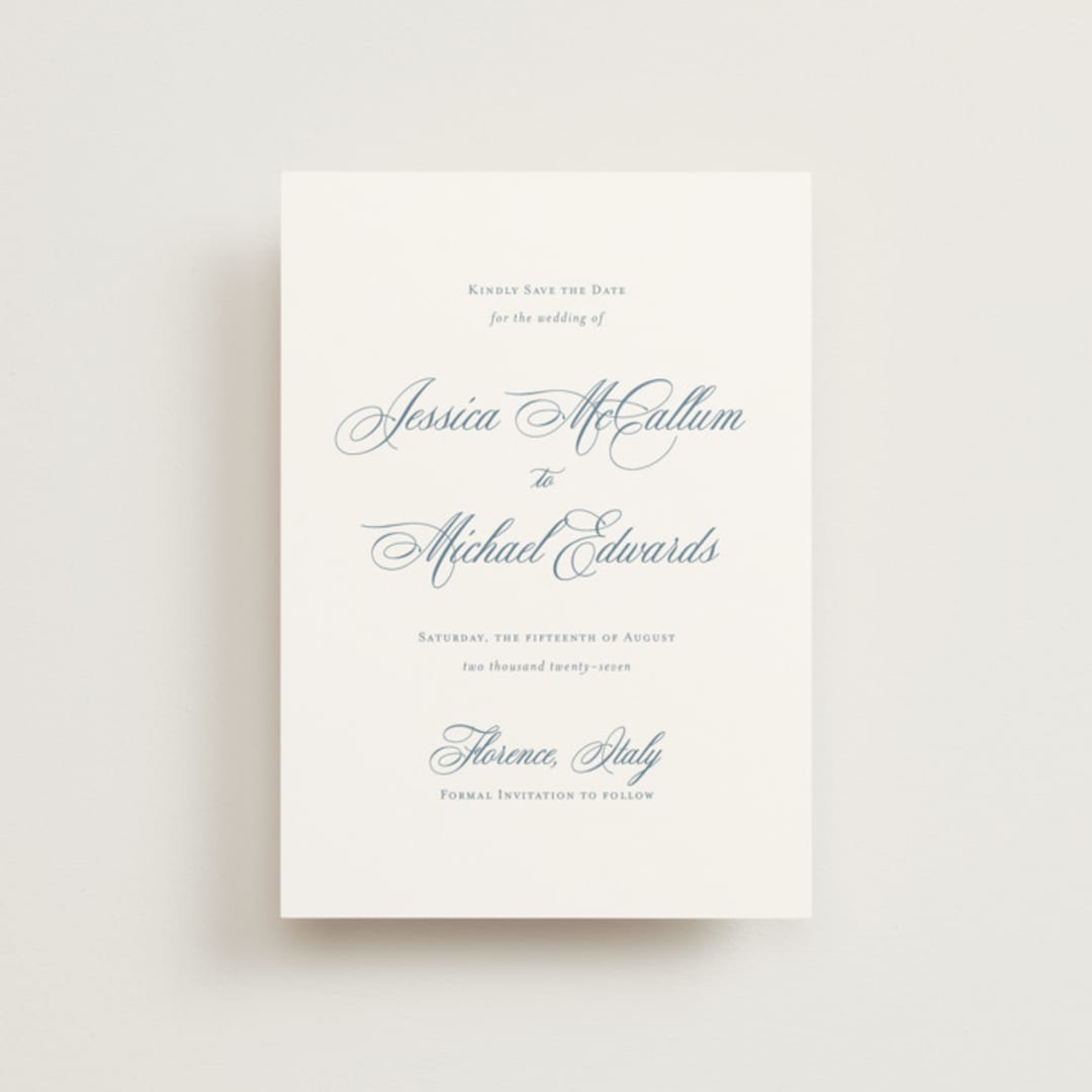 "Empire" - Save the Dates in Dusty Blue by Jennifer Postorino - Front
