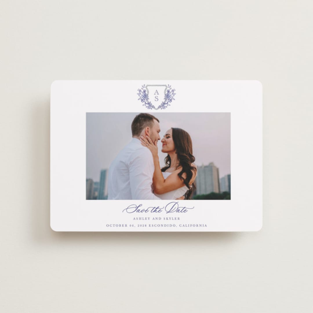 "watercolor flowers crest" - Save the Dates in Dusty Blue by Cass Loh - Front