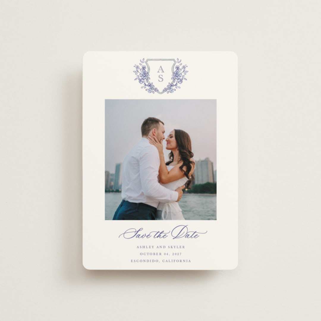 "watercolor flowers crest" - Save the Dates in Dusty Blue by Cass Loh - Front