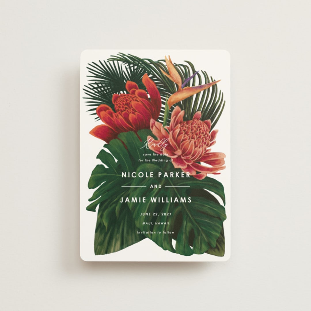"Tropical Bouquet" - Save the Dates in Basil by Elly - Front