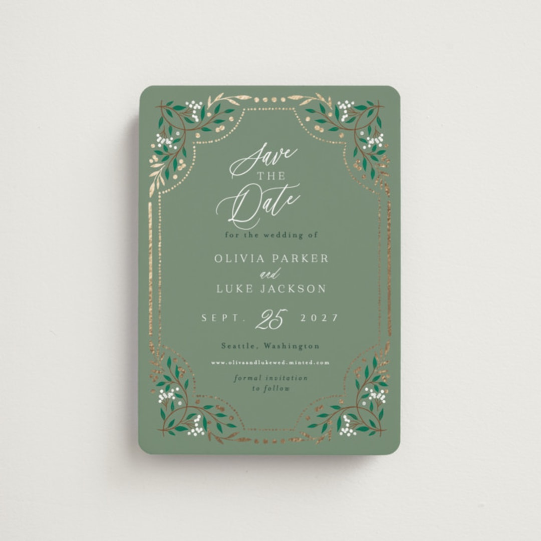 "Illuminated Storybook" - Save the Dates in Evergreen by Alethea and Ruth - Front