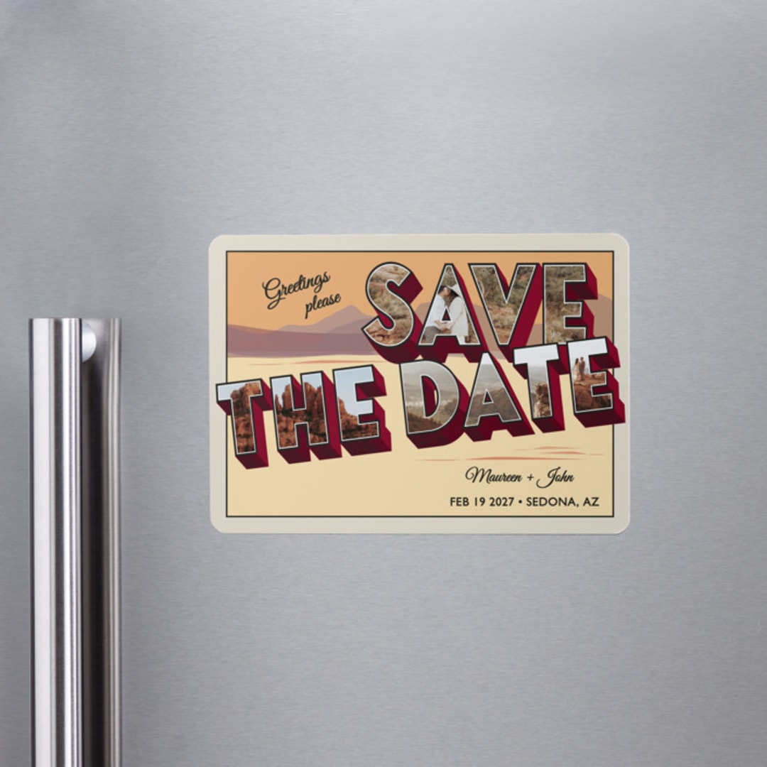 "A Retro Save the Date" - Save the Dates in Sunset by Ashley Bird - Front