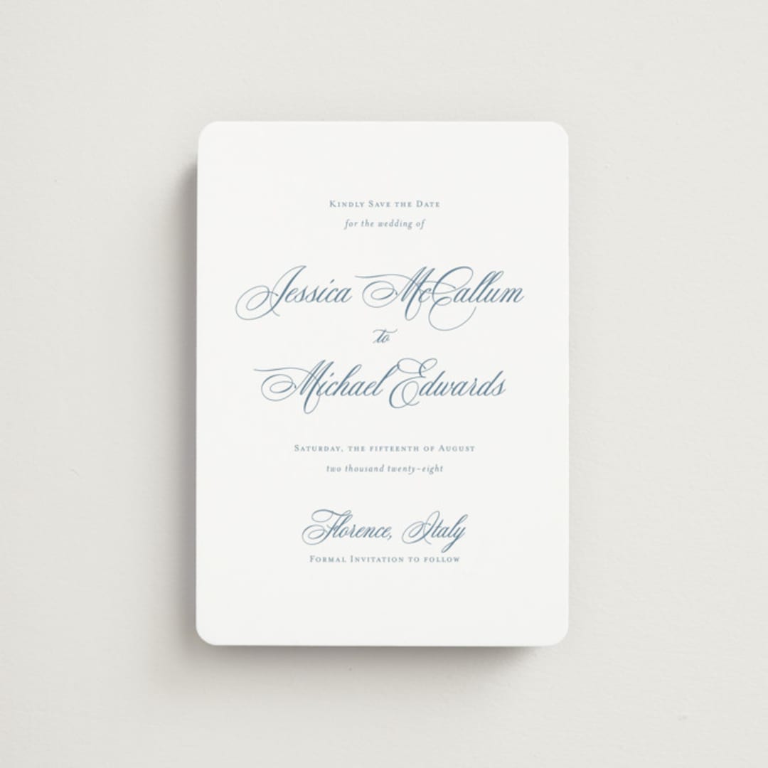"Empire" - Save the Dates in Dusty Blue by Jennifer Postorino - Front
