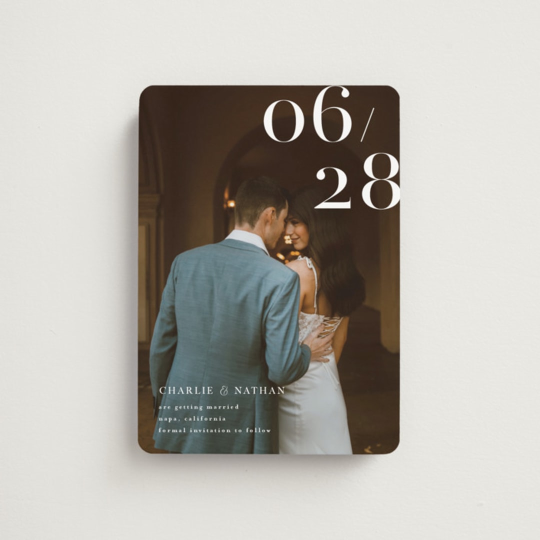 "Our Big Date" - Save the Dates in Pearl by Shannon Chen of Four Wet Feet Studio - Front