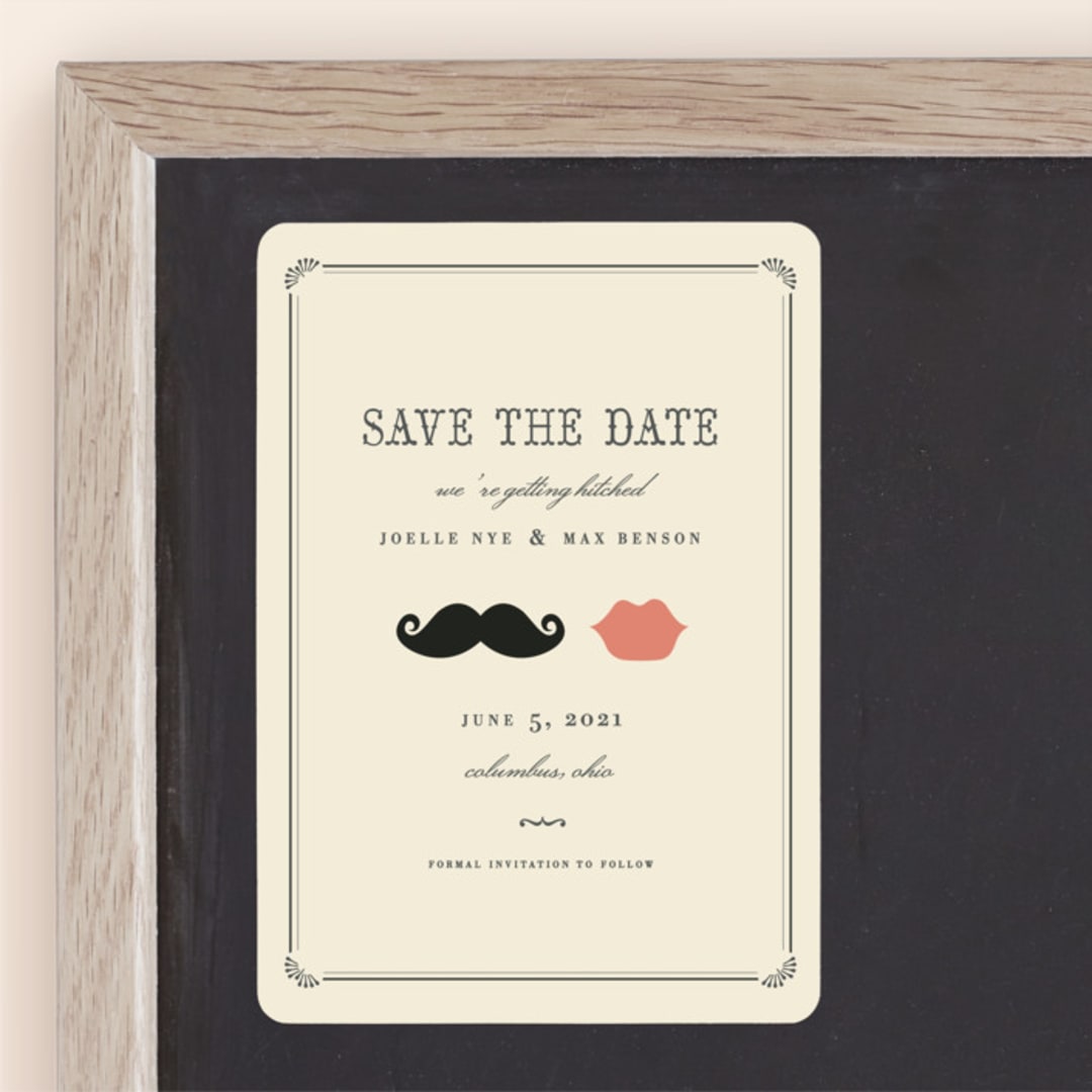 "Stache + Kiss" - Save the Dates in Crème by Penelope Poppy - Front