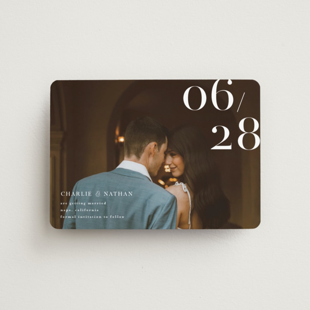 "Our Big Date" - Save the Dates in Pearl by Shannon Chen of Four Wet Feet Studio - Front