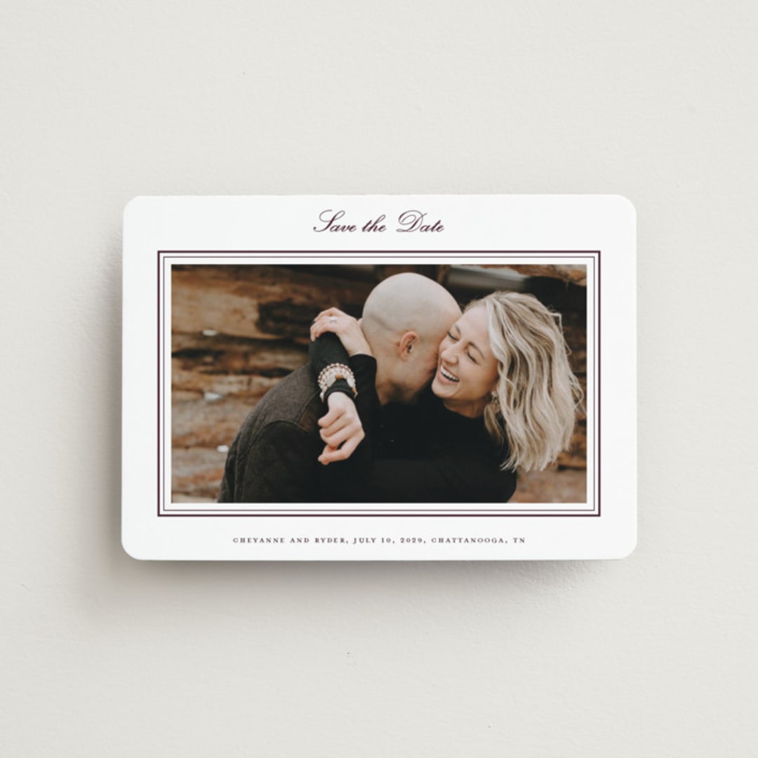 "Engraved names" - Save the Dates in Burgundy by Stacey Meacham - Front