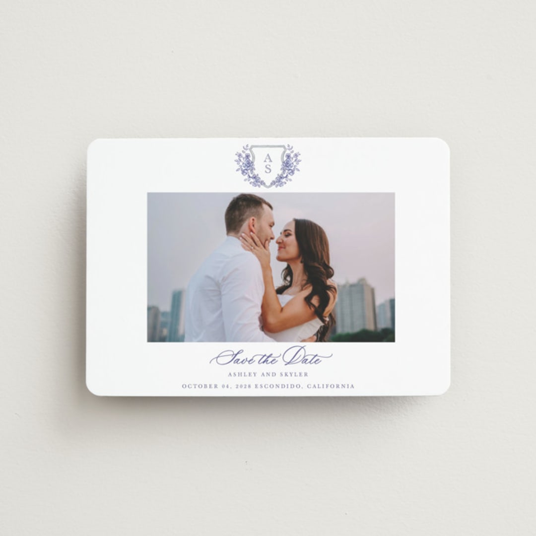 "watercolor flowers crest" - Save the Dates in Dusty Blue by Cass Loh - Front