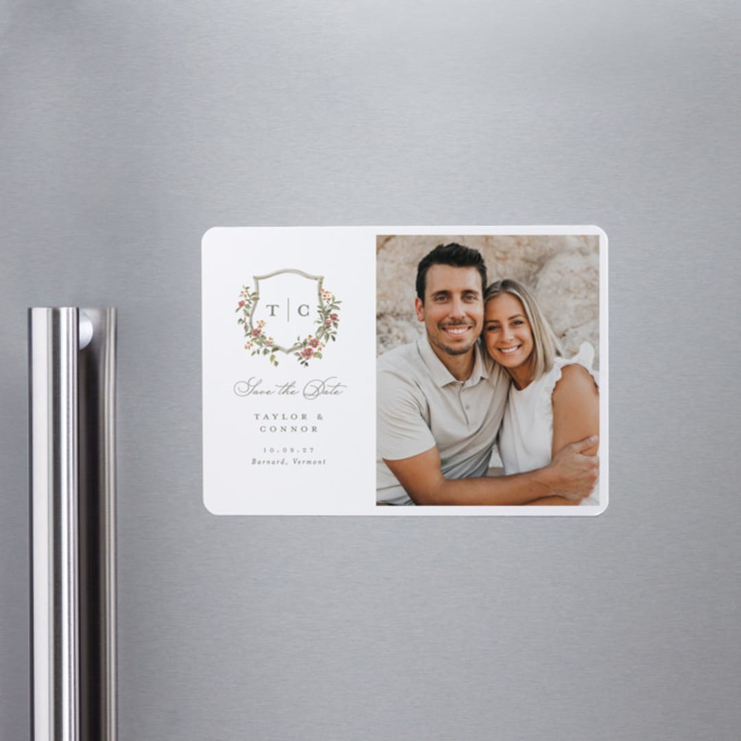 "Foliage Crest" - Save the Dates in Mulberry by Everett Paper Goods - Front