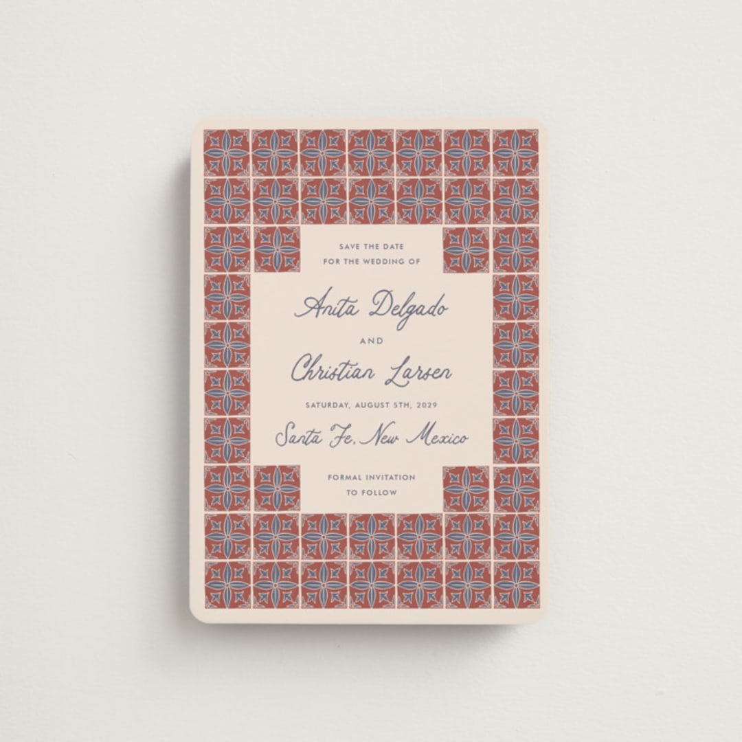 "Block Print Tile" - Save the Dates in Terracotta by Katharine Watson - Front