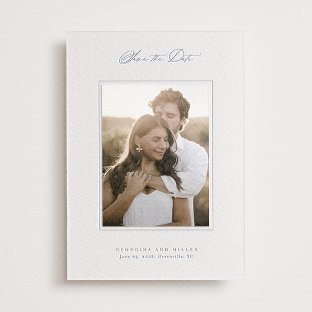 "Modern Air" - Letterpress Save the Date Photo Mount Cards in Provincial Blue by Stacey Meacham - Front