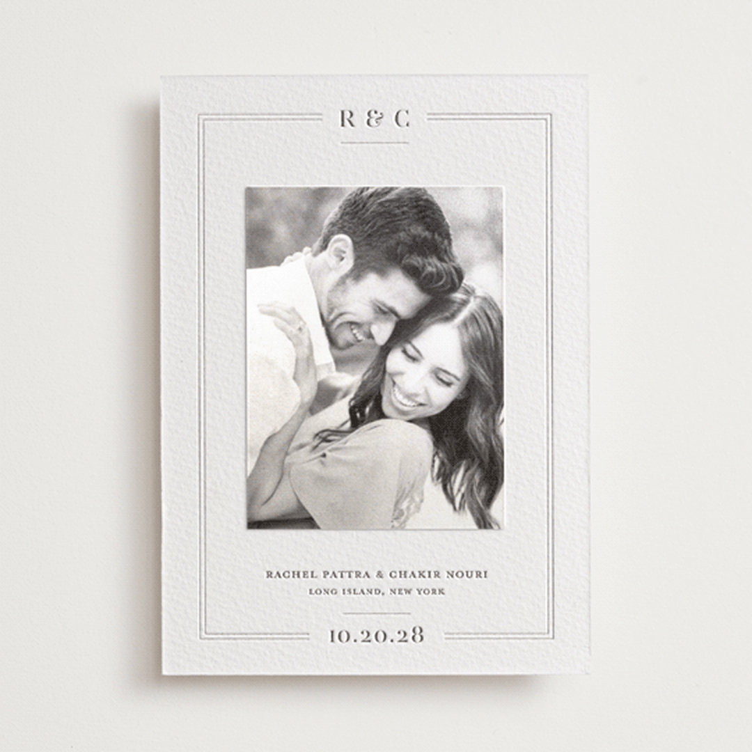"Alcott" - Letterpress Save the Date Photo Mount Cards in Graphite by Meagan Christensen - Front