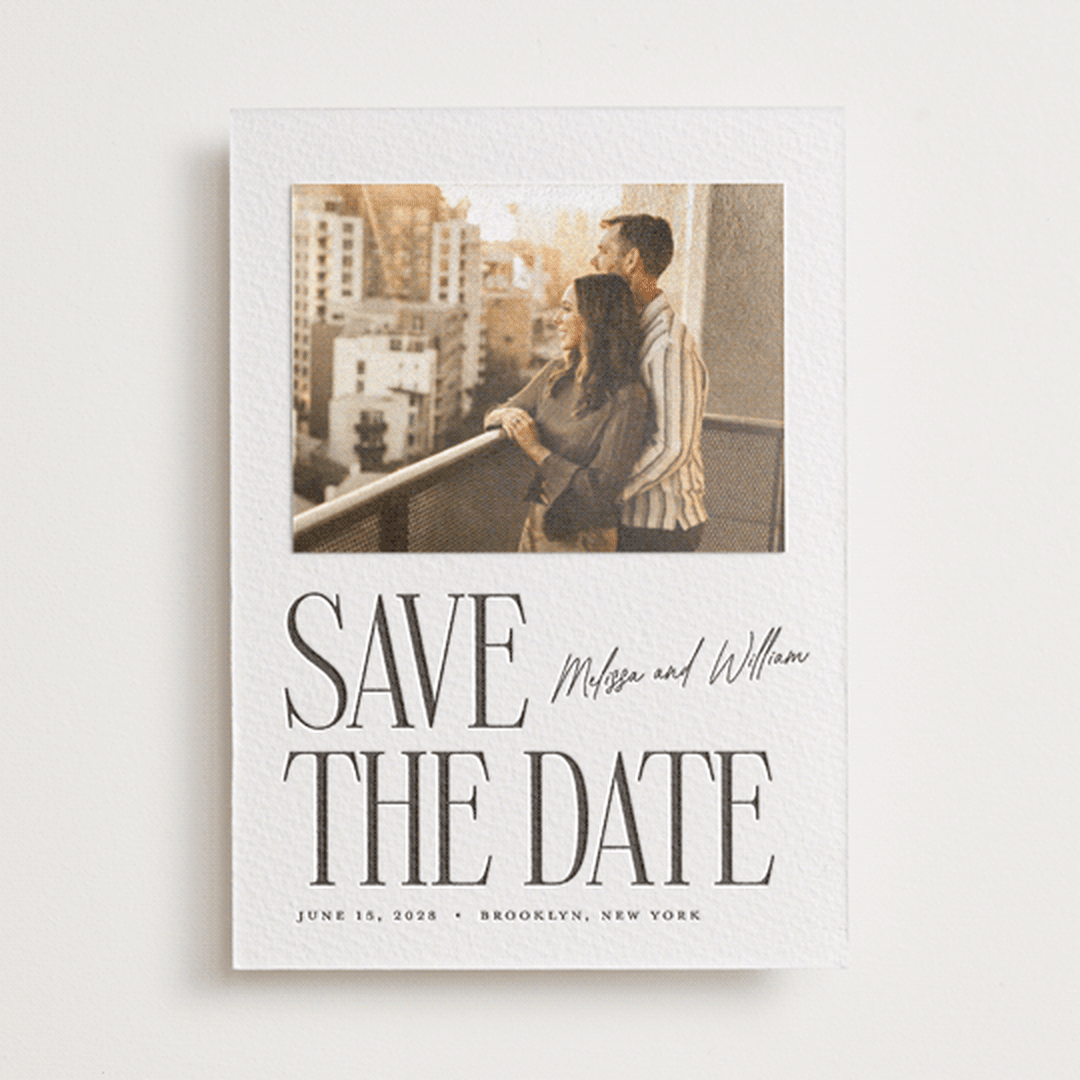 "Merry Stack" - Letterpress Save the Date Photo Mount Cards in Soft Black by Ekko Studio - Front