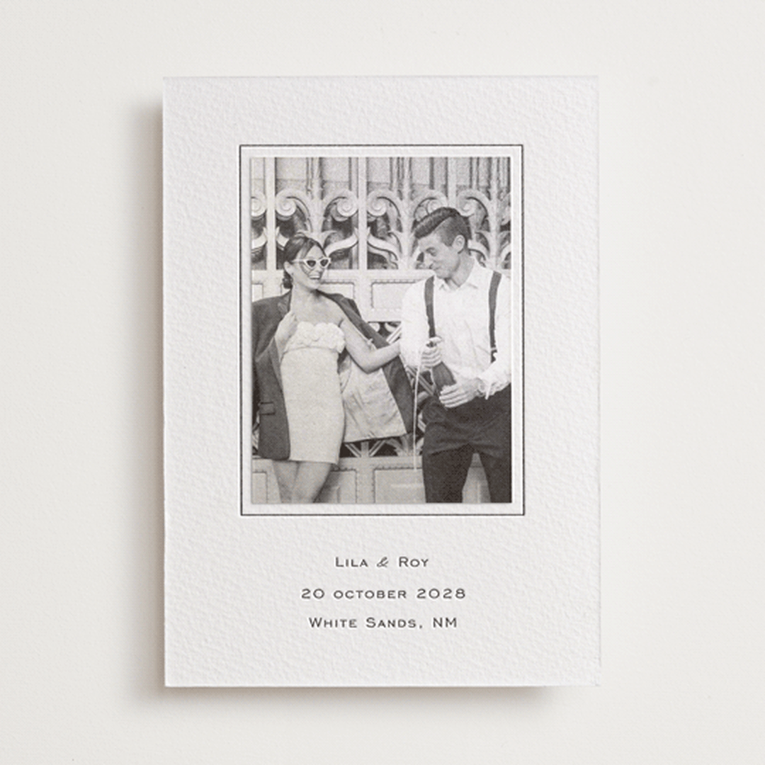 "Sophisticate" - Letterpress Save the Date Photo Mount Cards in Soft Black by Ani Somi - Front
