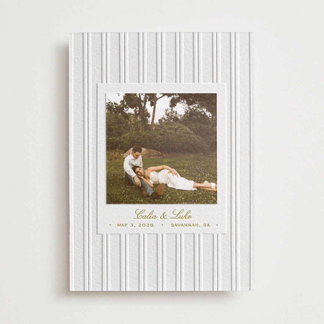 "Calia " - Letterpress Save the Date Photo Mount Cards in Avocado by Ani Somi - Front