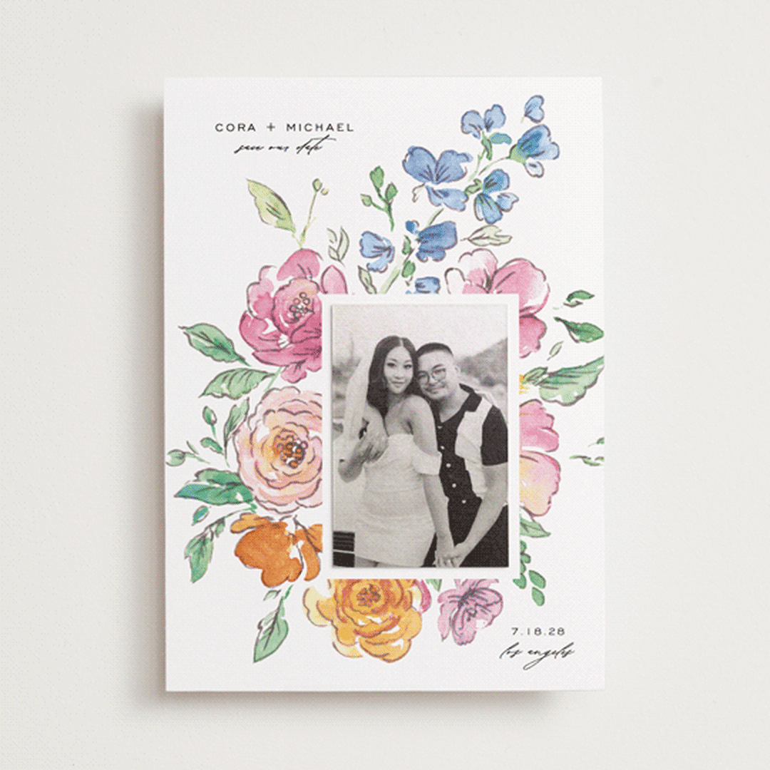 "Floral Pop" - Save the Date Photo Mount Cards in Vibrance Press by Itsy Belle Studio - Front