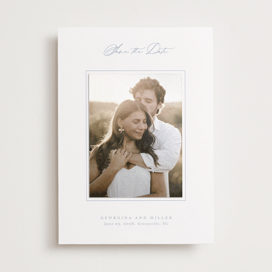 "Modern Air" - Save the Date Photo Mount Cards in Dusty Blue by Stacey Meacham - Front