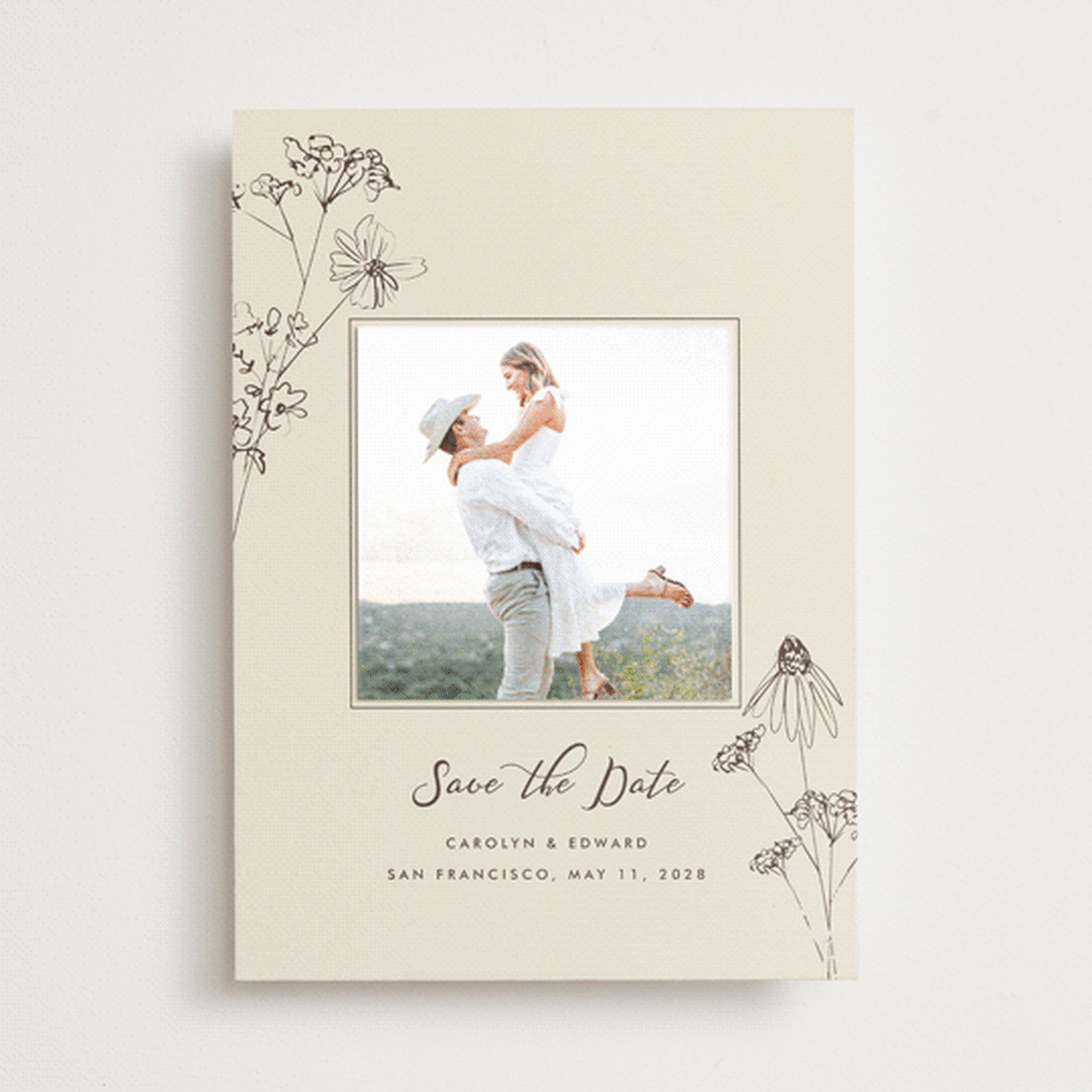 "Sketched Florals" - Save the Date Photo Mount Cards in Sandpaper by Baumbirdy - Front
