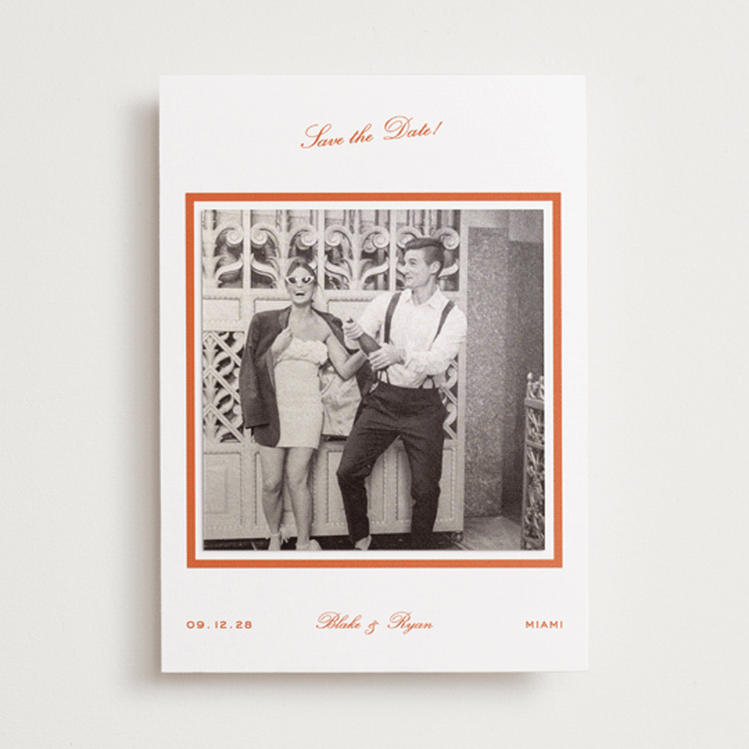 "Miro" - Save the Date Photo Mount Cards in Orange Peel by Megan Davis - Front
