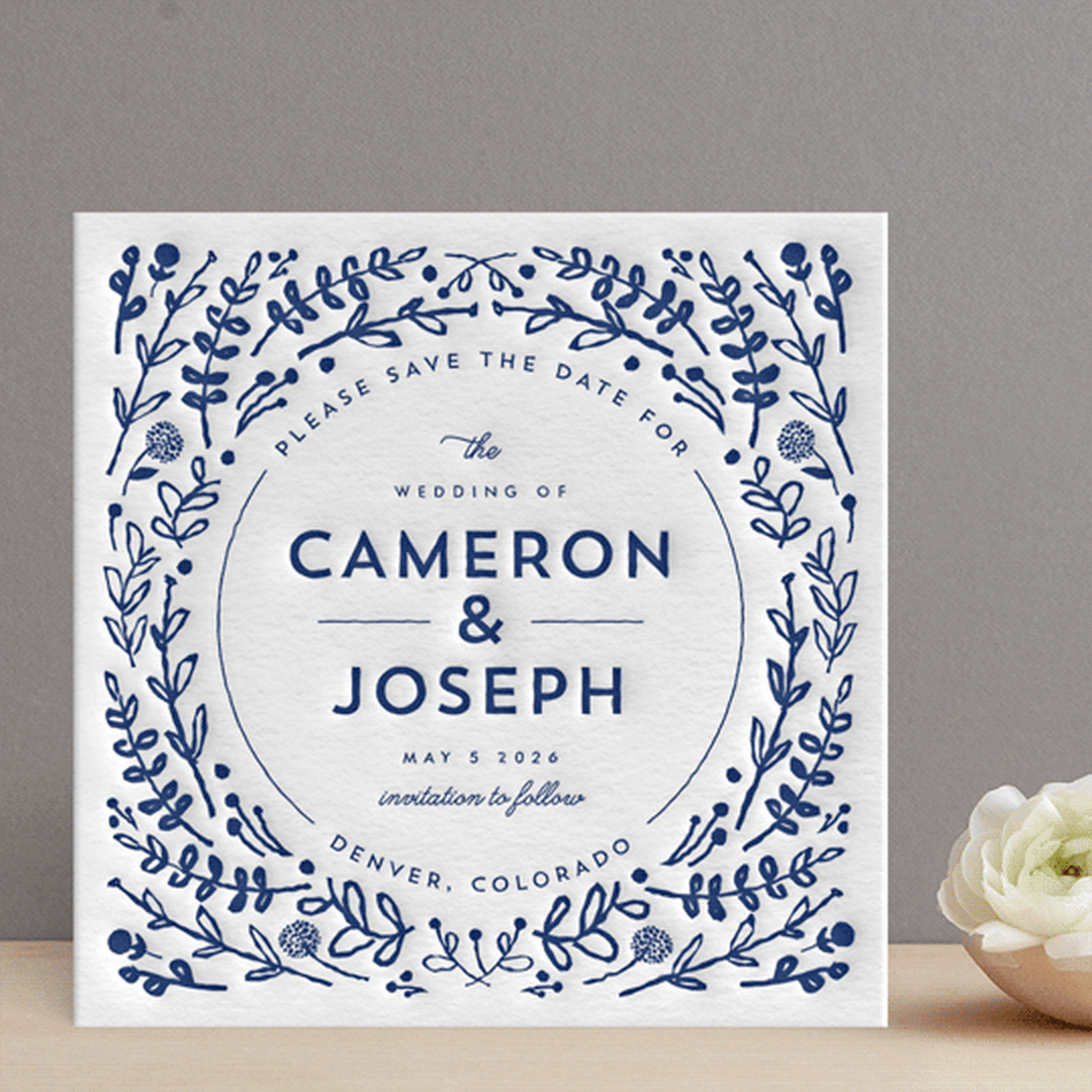 "Floral Frame Square Letterpress" - Letterpress Save The Dates in Lapis by Lori Wemple - One Color
