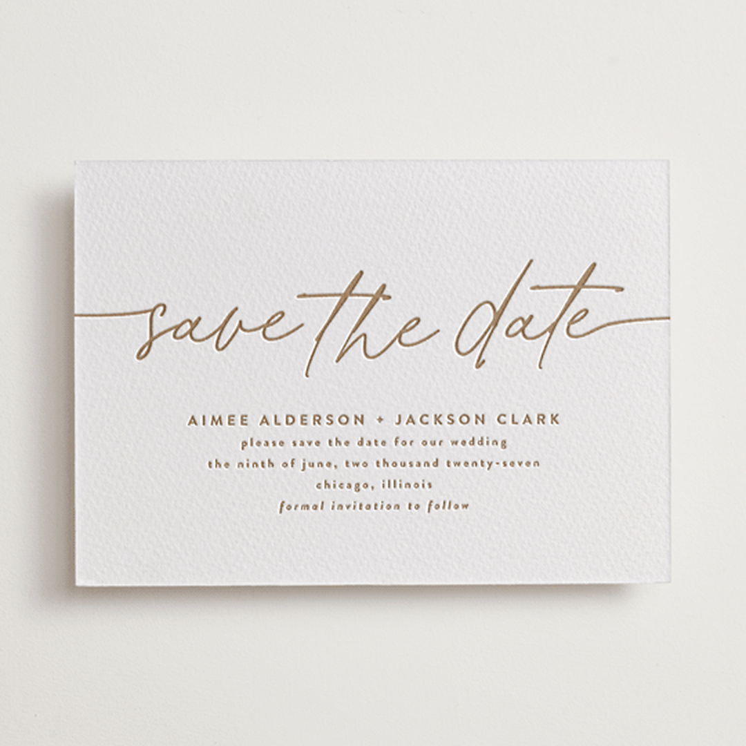 "At Last" - Letterpress Save The Dates in Matte Gold by Susan Asbill - One Color